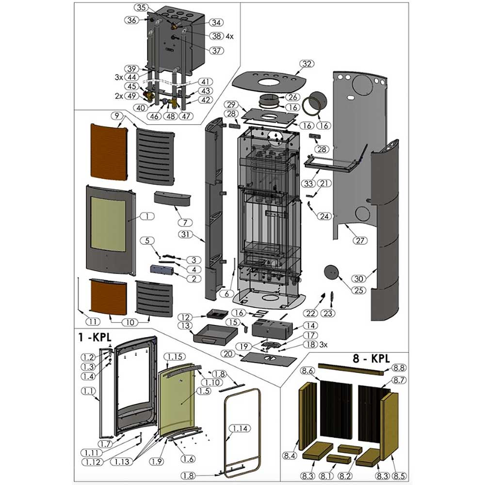 Oranier Astra AQUA Serie 2 Auskleidung komplett 2921978000 1 Oranier Astra AQUA Serie 2 Auskleidung komplett Schamotte Feuerraumauskleidung Ersatzteile Pos. 8 - 2921978000